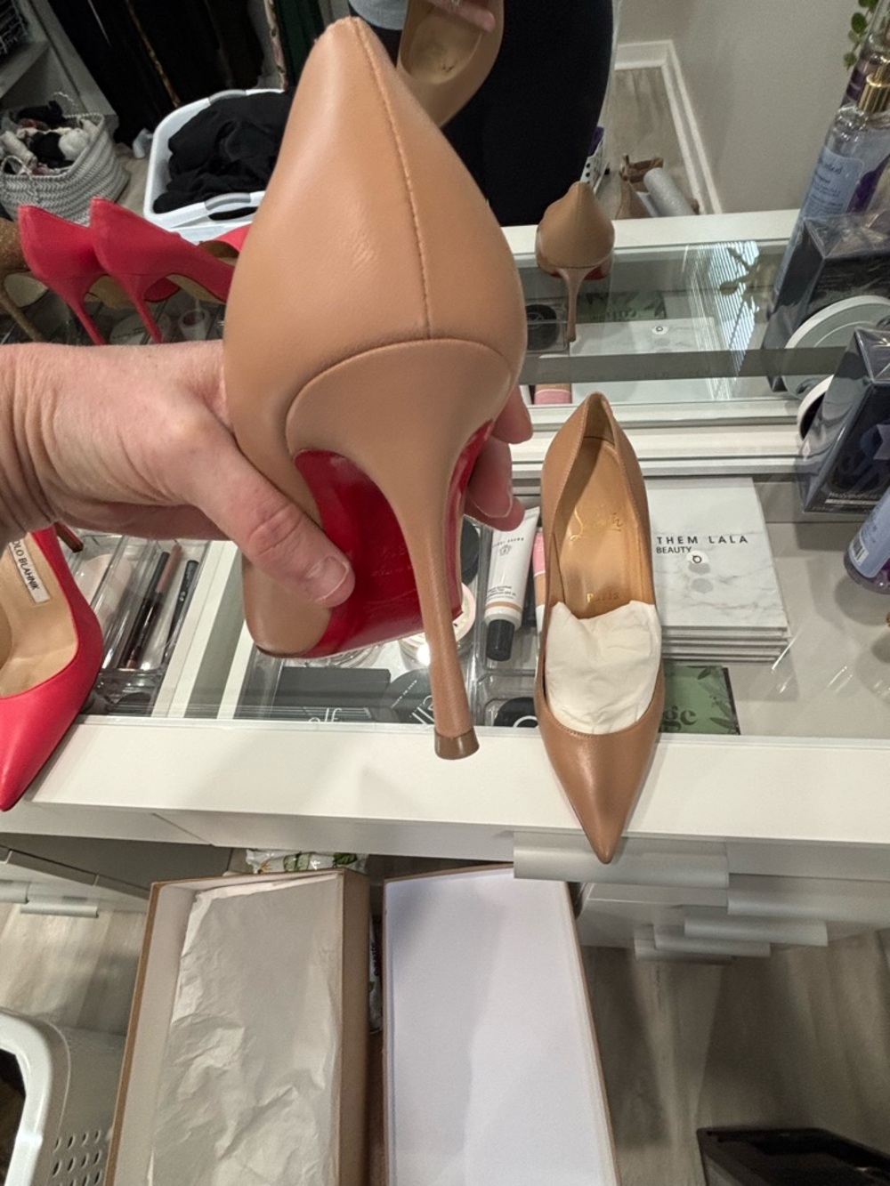 Christian Louboutin Nude/Tan Leather Pointed-Toe Pumps - Picture 3 of 6